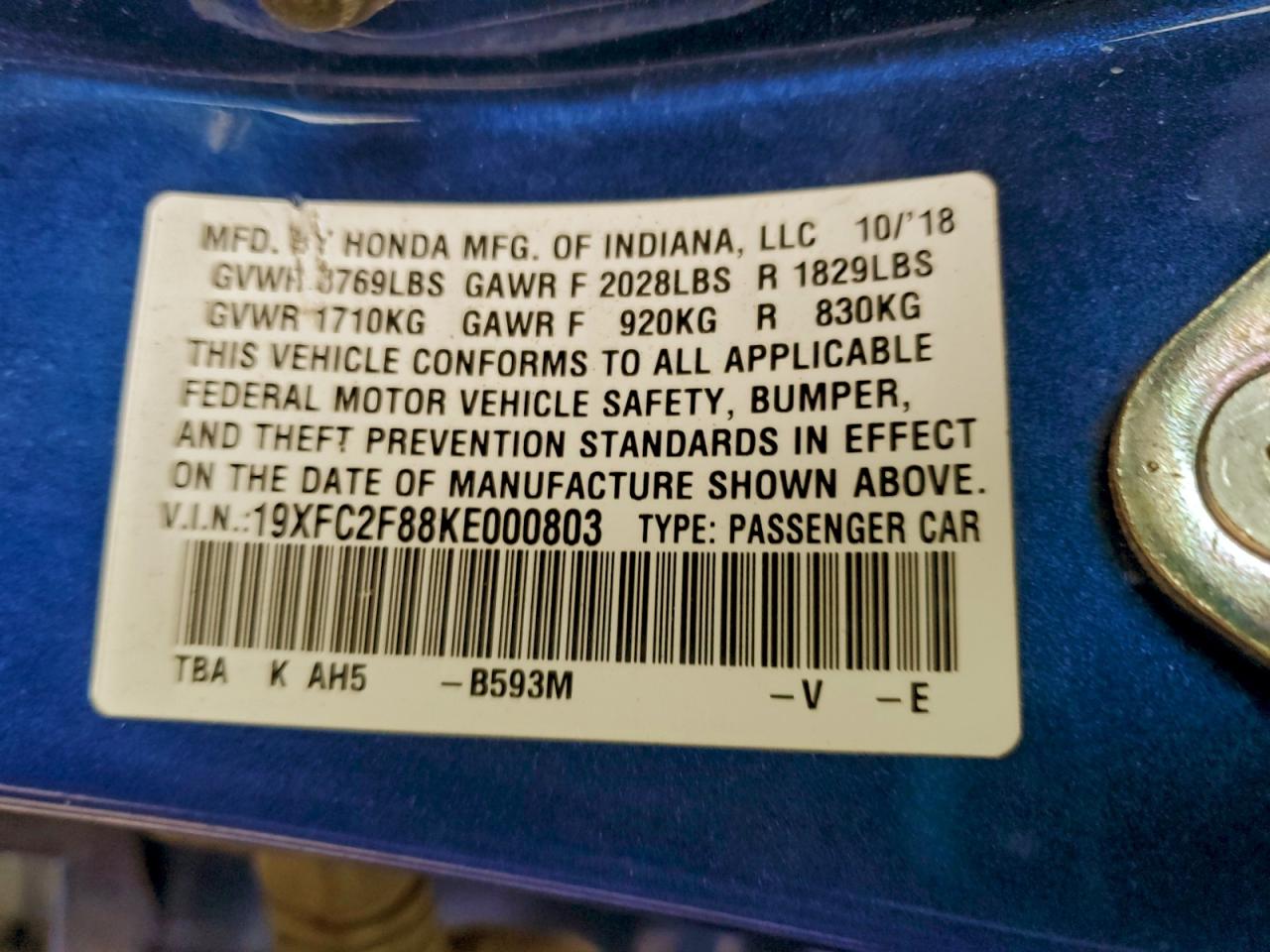 2019 Honda Civic Sport VIN: 19XFC2F88KE000803 Lot: 94277625