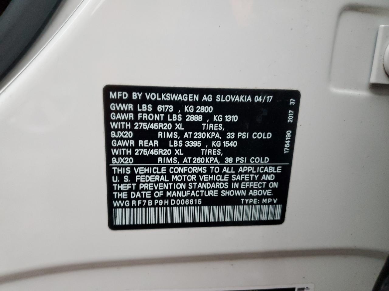 2017 Volkswagen Touareg Wolfsburg VIN: WVGRF7BP9HD006615 Lot: 93273045