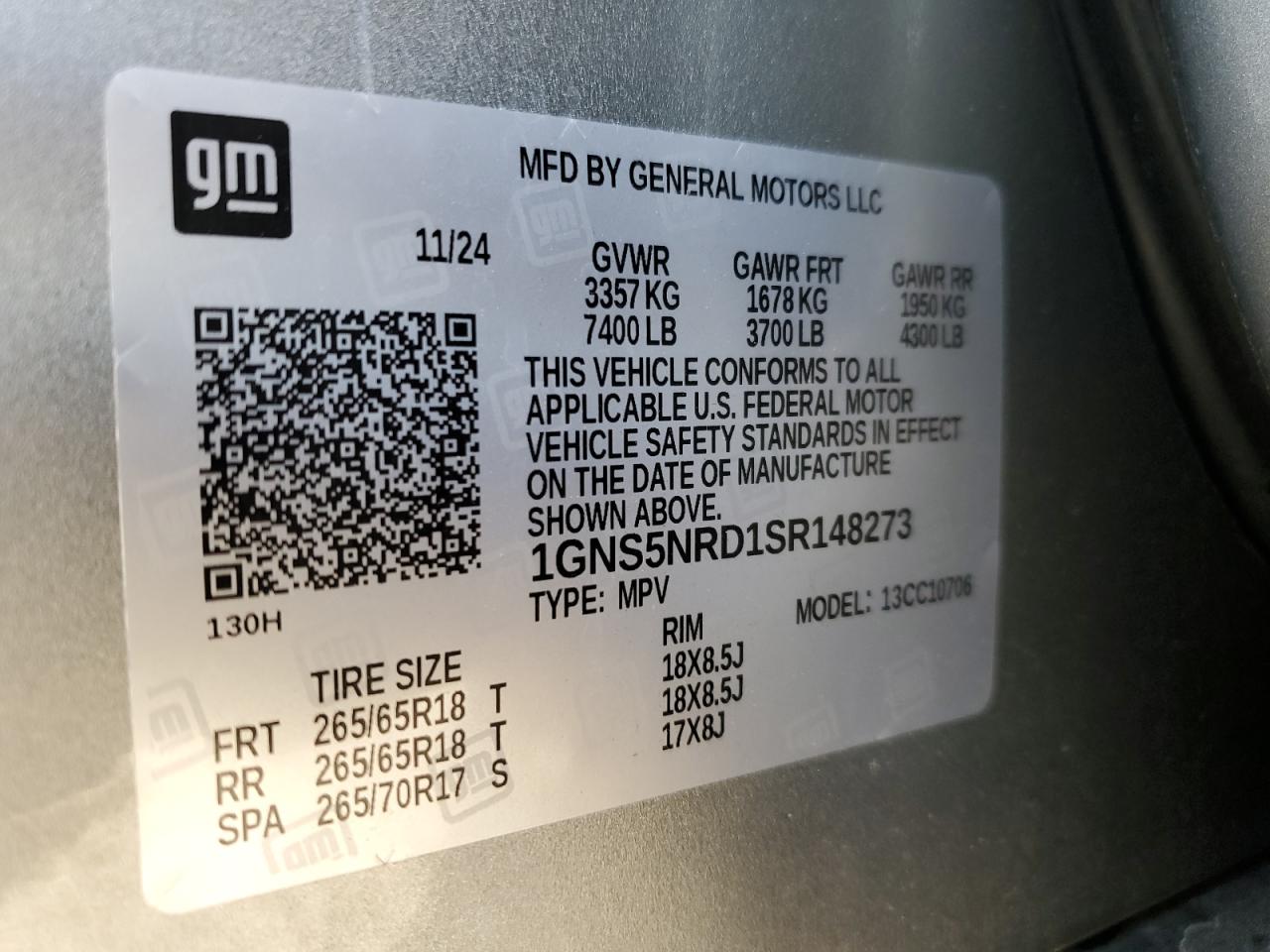 2025 Chevrolet Tahoe C1500 Lt VIN: 1GNS5NRD1SR148273 Lot: 93435295