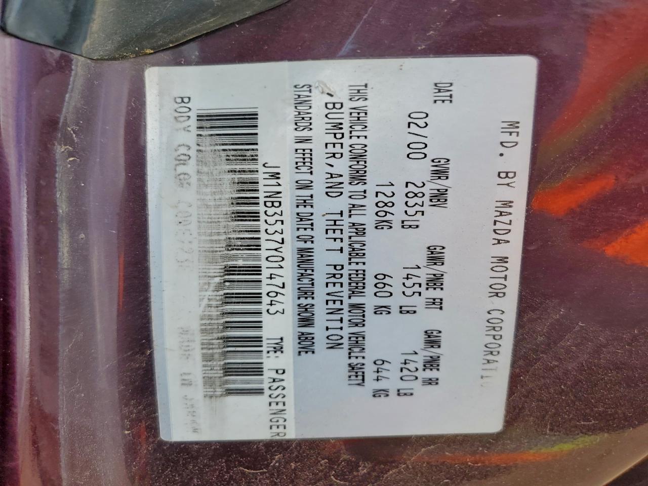 2000 Mazda Mx-5 Miata Base VIN: JM1NB3537Y0147643 Lot: 93718765