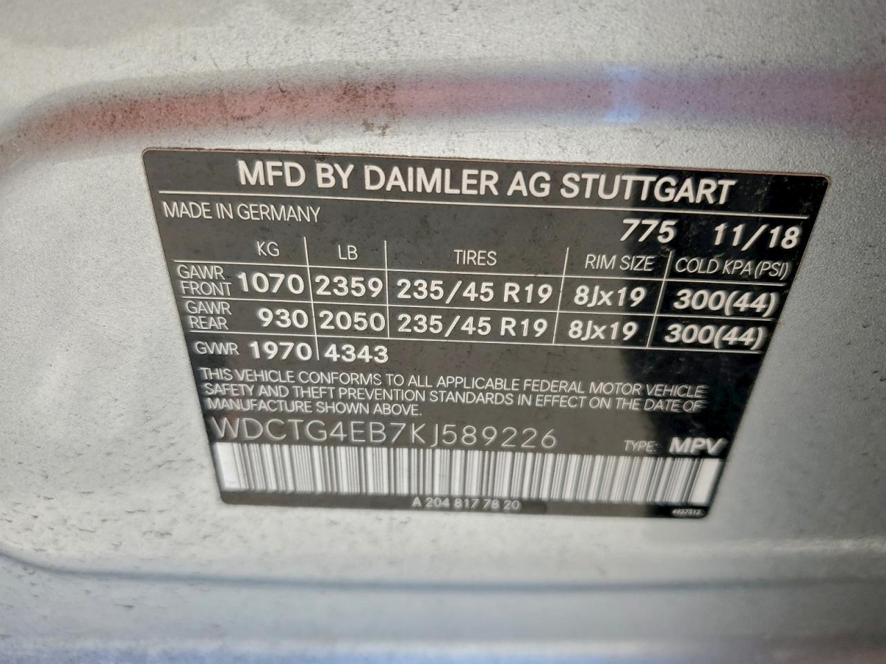 2019 Mercedes-Benz Gla 250 VIN: WDCTG4EB7KJ589226 Lot: 91467545