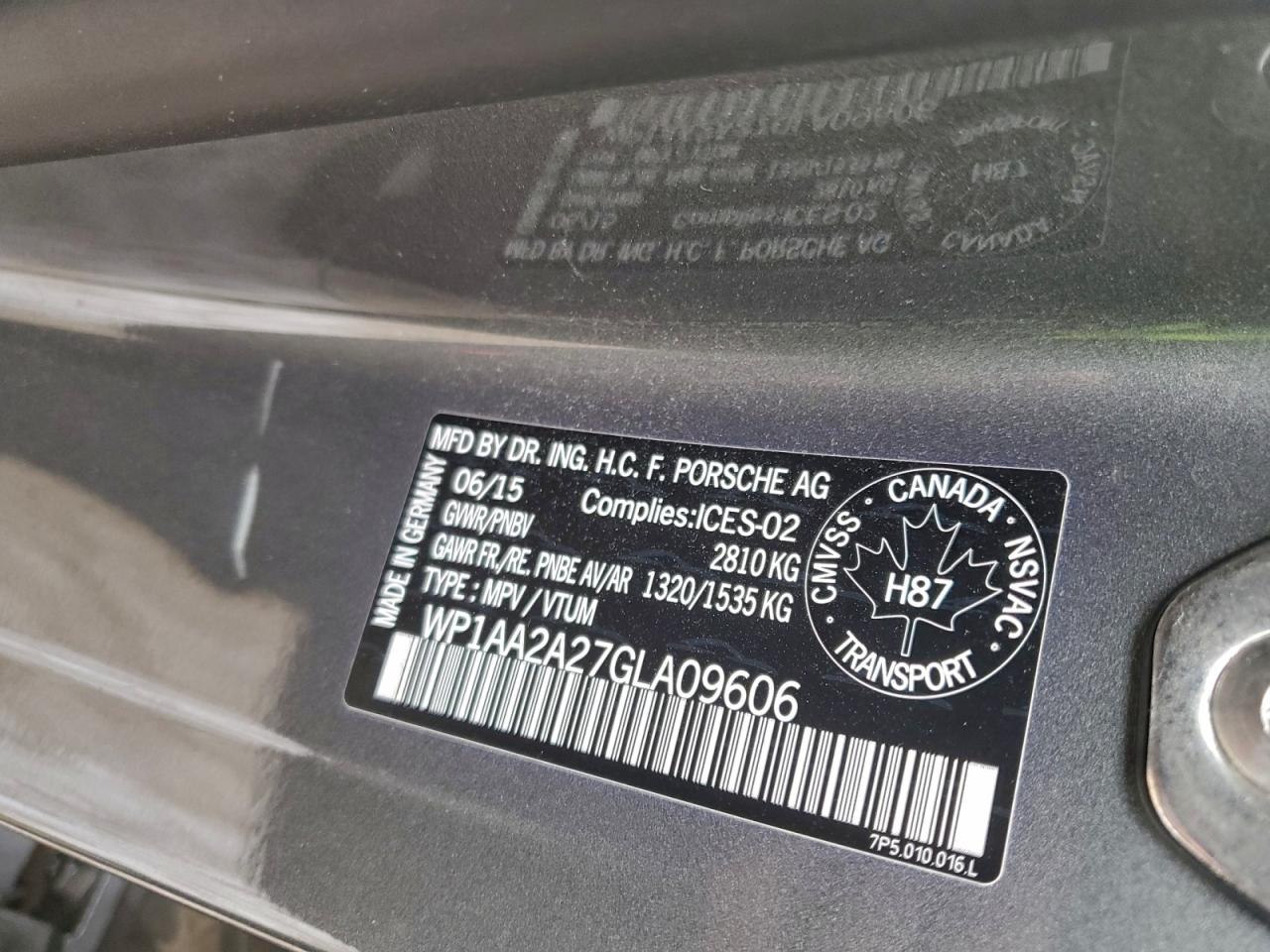2016 Porsche Cayenne VIN: WP1AA2A27GLA09606 Lot: 93818275