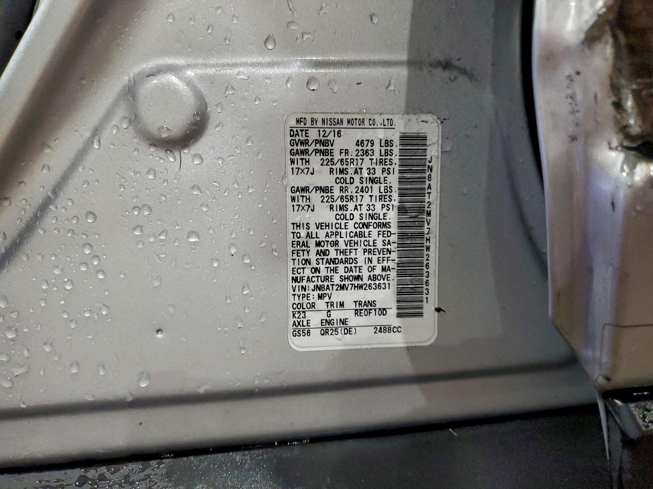 2017 Nissan Rogue S VIN: JN8AT2MV7HW263631 Lot: 94630965