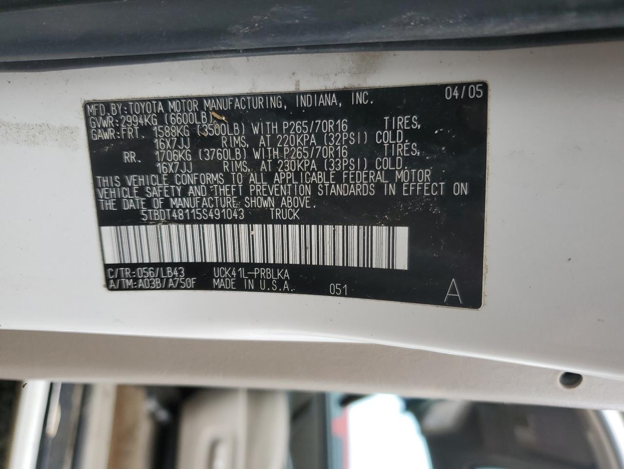 2005 Toyota Tundra Double Cab Limited VIN: 5TBDT48115S491043 Lot: 92941705