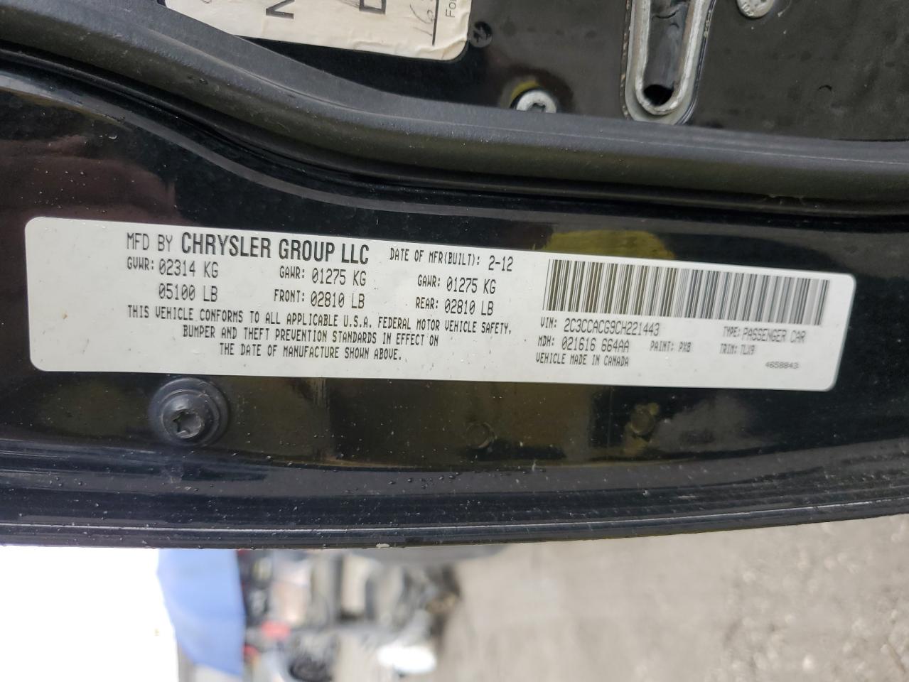 2012 Chrysler 300 Limited VIN: 2C3CCACG9CH221443 Lot: 92399915