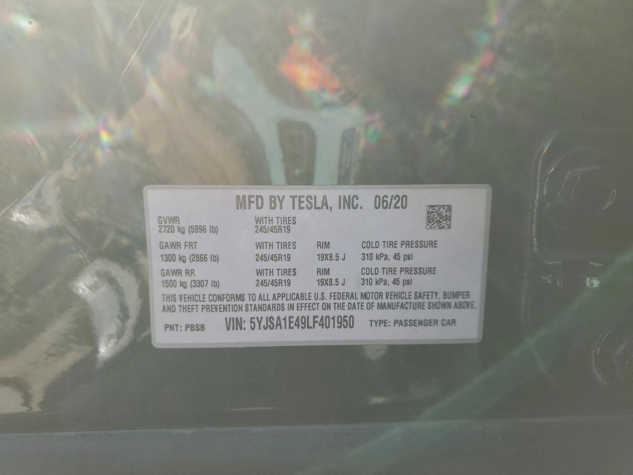 2020 Tesla Model S VIN: 5YJSA1E49LF401950 Lot: 92187375