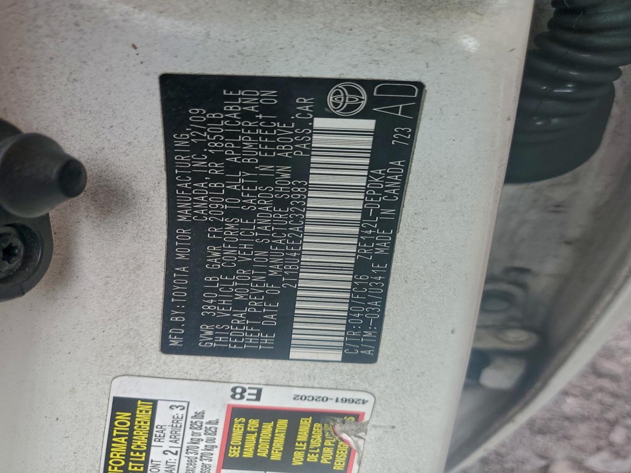 2010 Toyota Corolla Base VIN: 2T1BU4EE2AC323983 Lot: 94432245