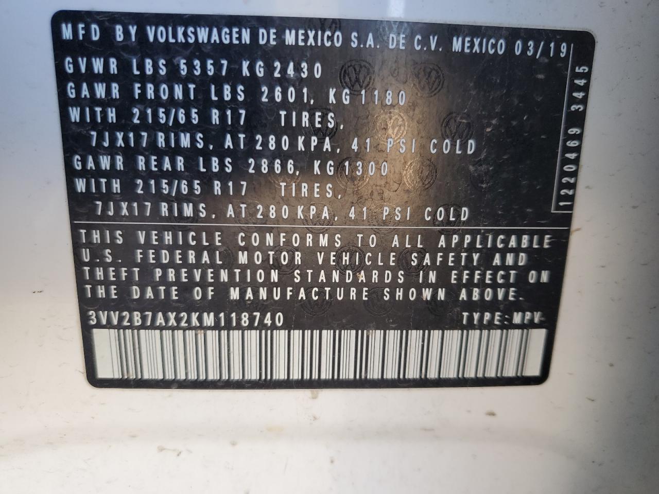 2019 Volkswagen Tiguan Se VIN: 3VV2B7AX2KM118740 Lot: 92442215