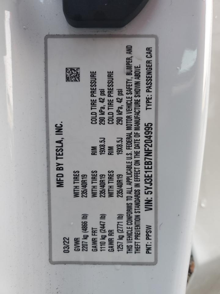 2022 Tesla Model 3 VIN: 5YJ3E1EB7NF204995 Lot: 93275835