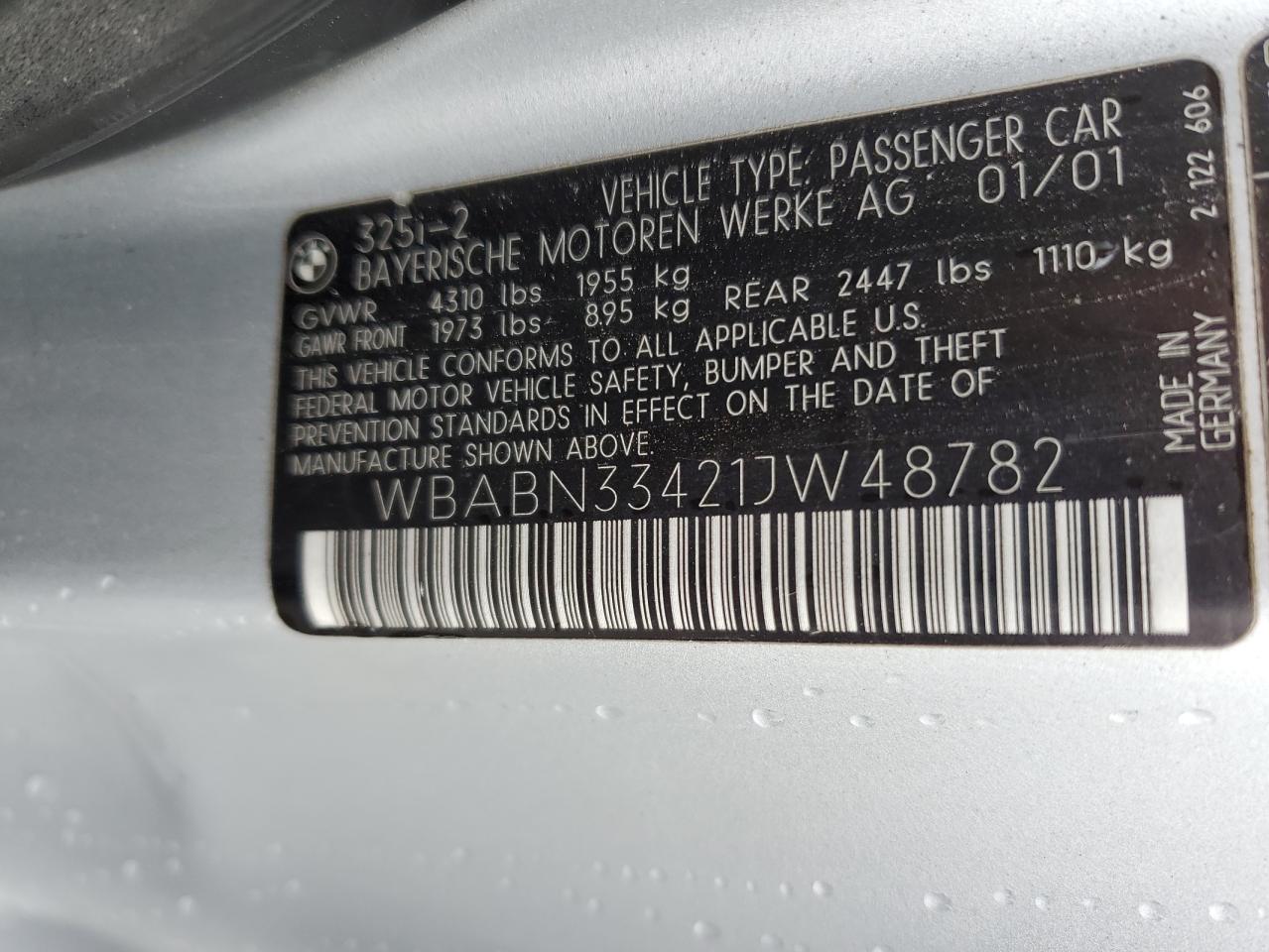2001 BMW 325 Ci VIN: WBABN33421JW48782 Lot: 92169725