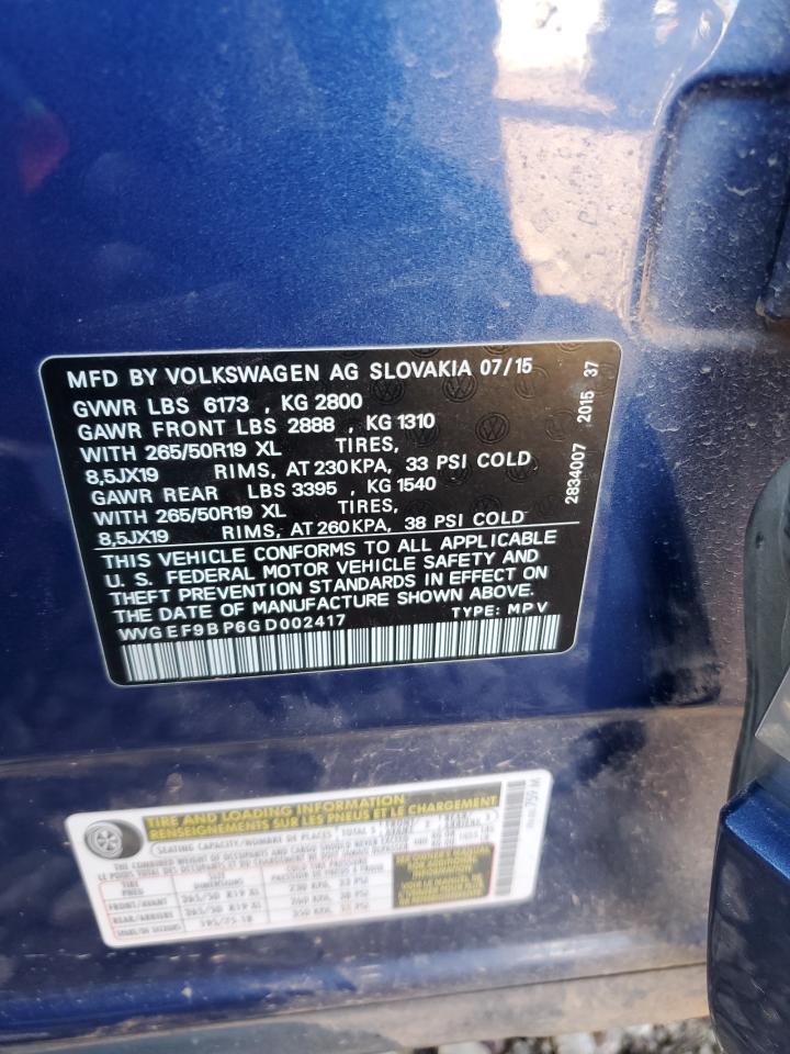 2016 Volkswagen Touareg Sport VIN: WVGEF9BP6GD002417 Lot: 92544365