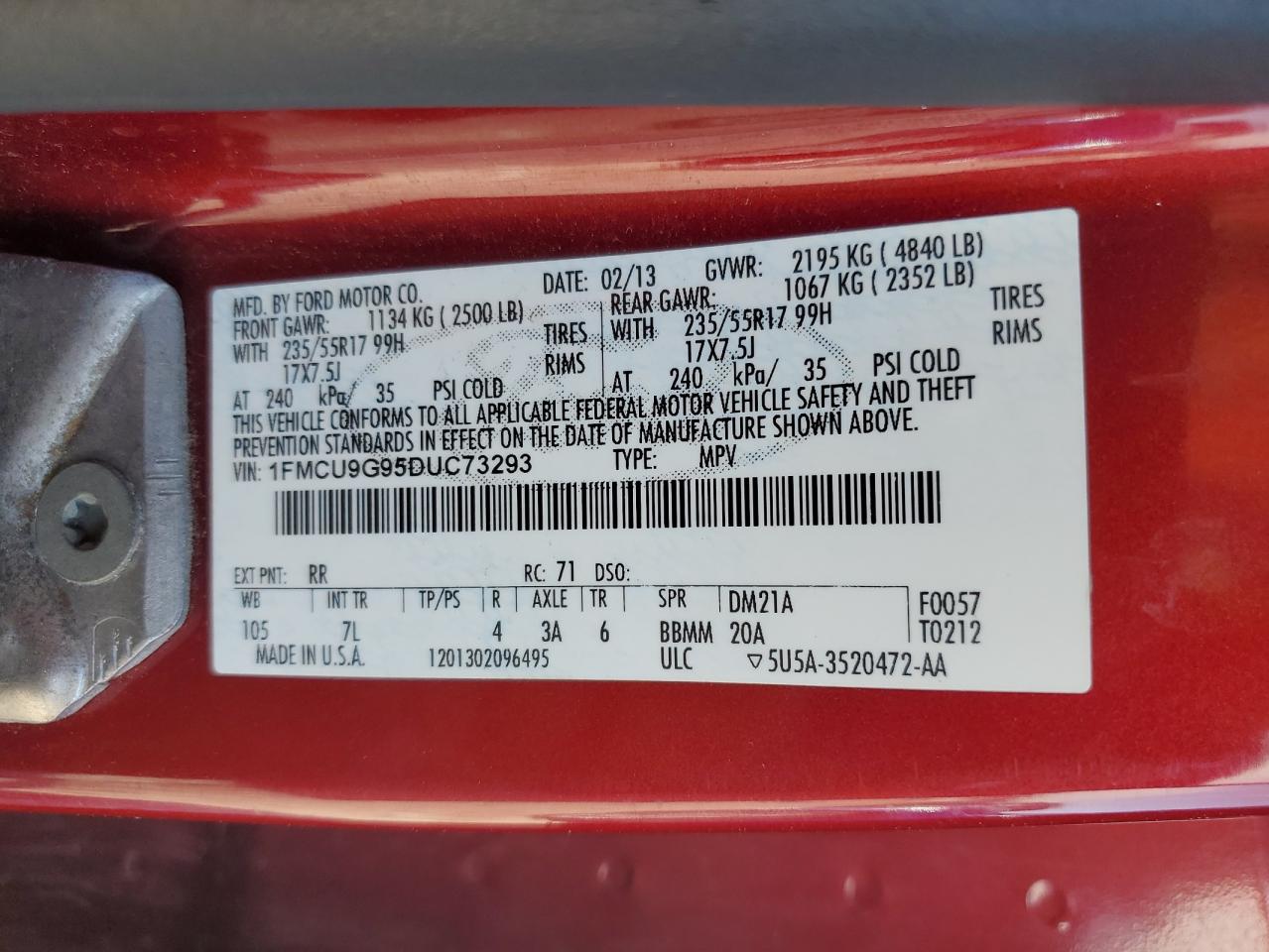 2013 Ford Escape Se VIN: 1FMCU9G95DUC73293 Lot: 91472315