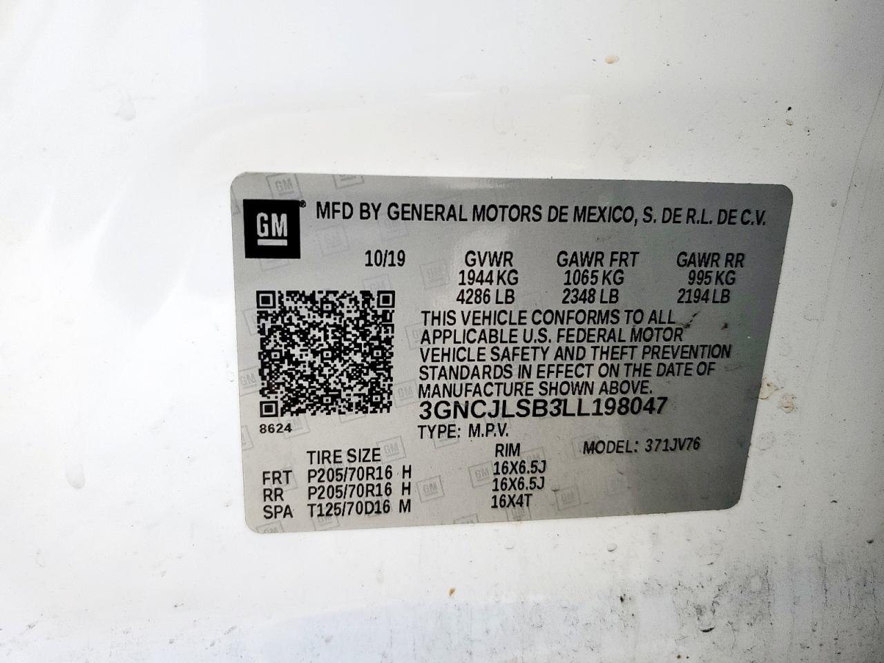 2020 Chevrolet Trax 1Lt VIN: 3GNCJLSB3LL198047 Lot: 93408595