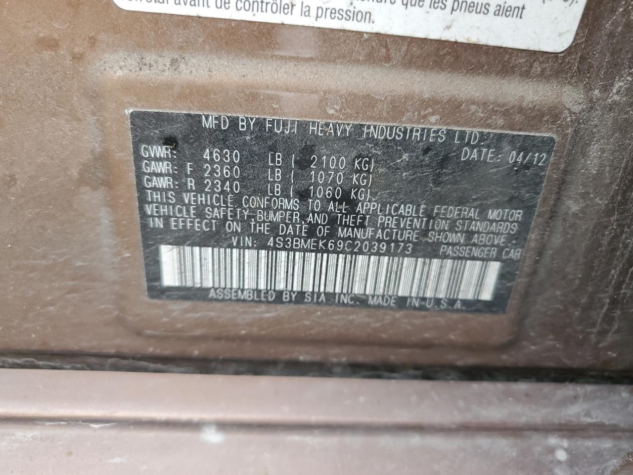 2012 Subaru Legacy 3.6R Limited VIN: 4S3BMEK69C2039173 Lot: 91890795