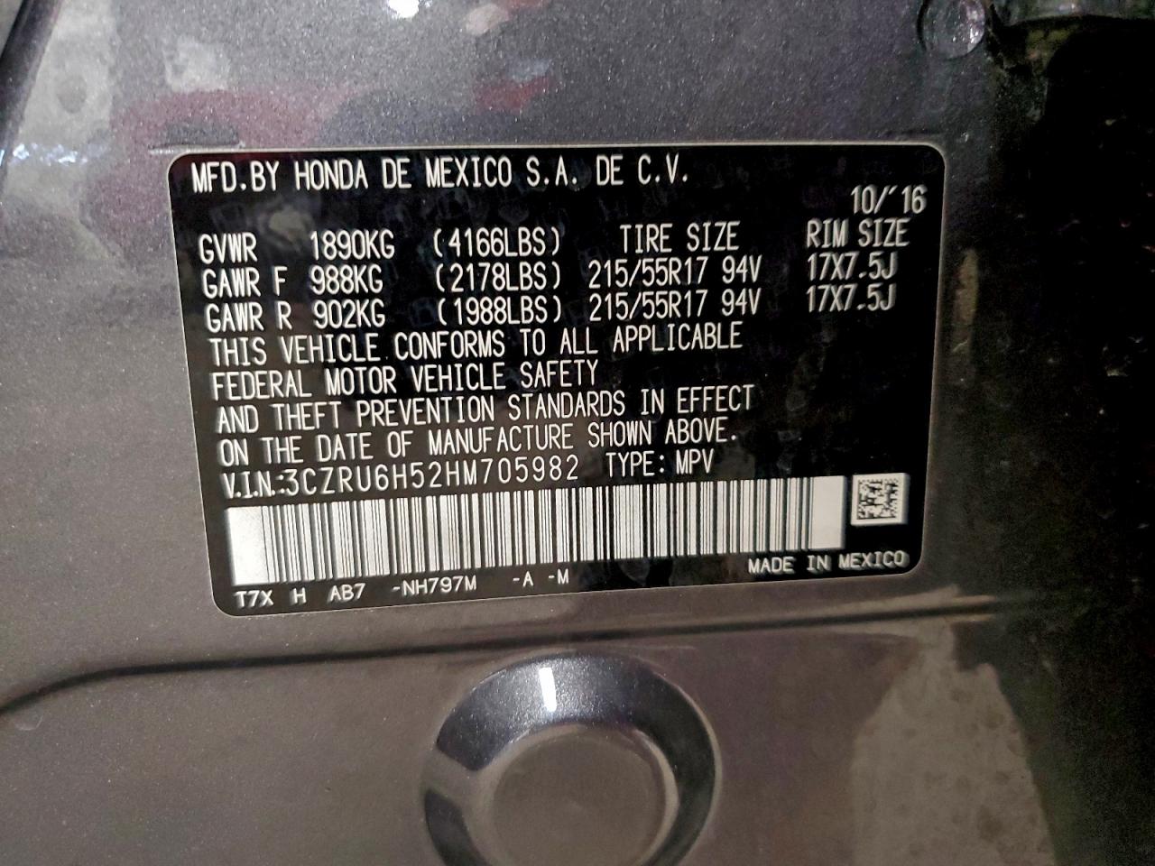 2017 Honda Hr-V Ex VIN: 3CZRU6H52HM705982 Lot: 94542005