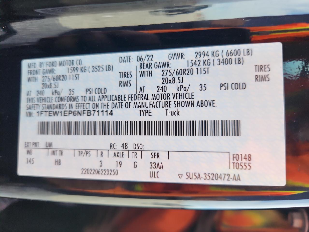 2022 Ford F150 Supercrew VIN: 1FTEW1EP6NFB71114 Lot: 92390635