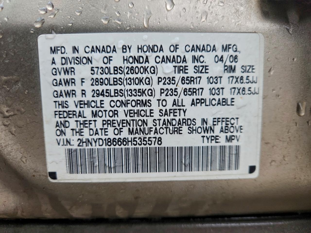 2006 Acura Mdx Touring VIN: 2HNYD18666H535578 Lot: 93660845