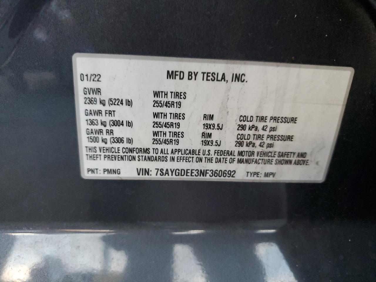 2022 Tesla Model Y VIN: 7SAYGDEE3NF360692 Lot: 92936175