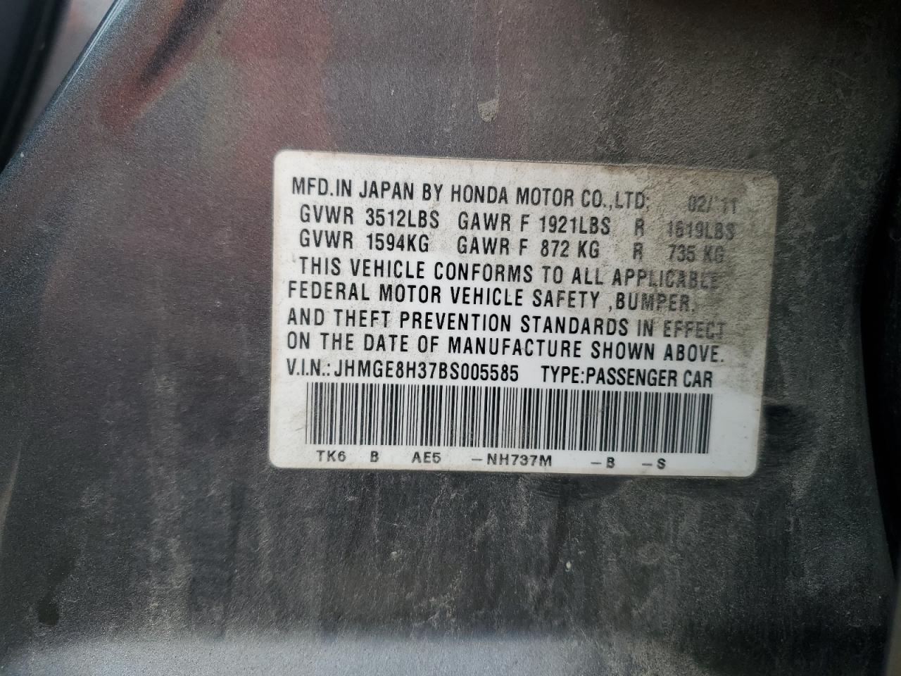 2011 Honda Fit VIN: JHMGE8H37BS005585 Lot: 93610465