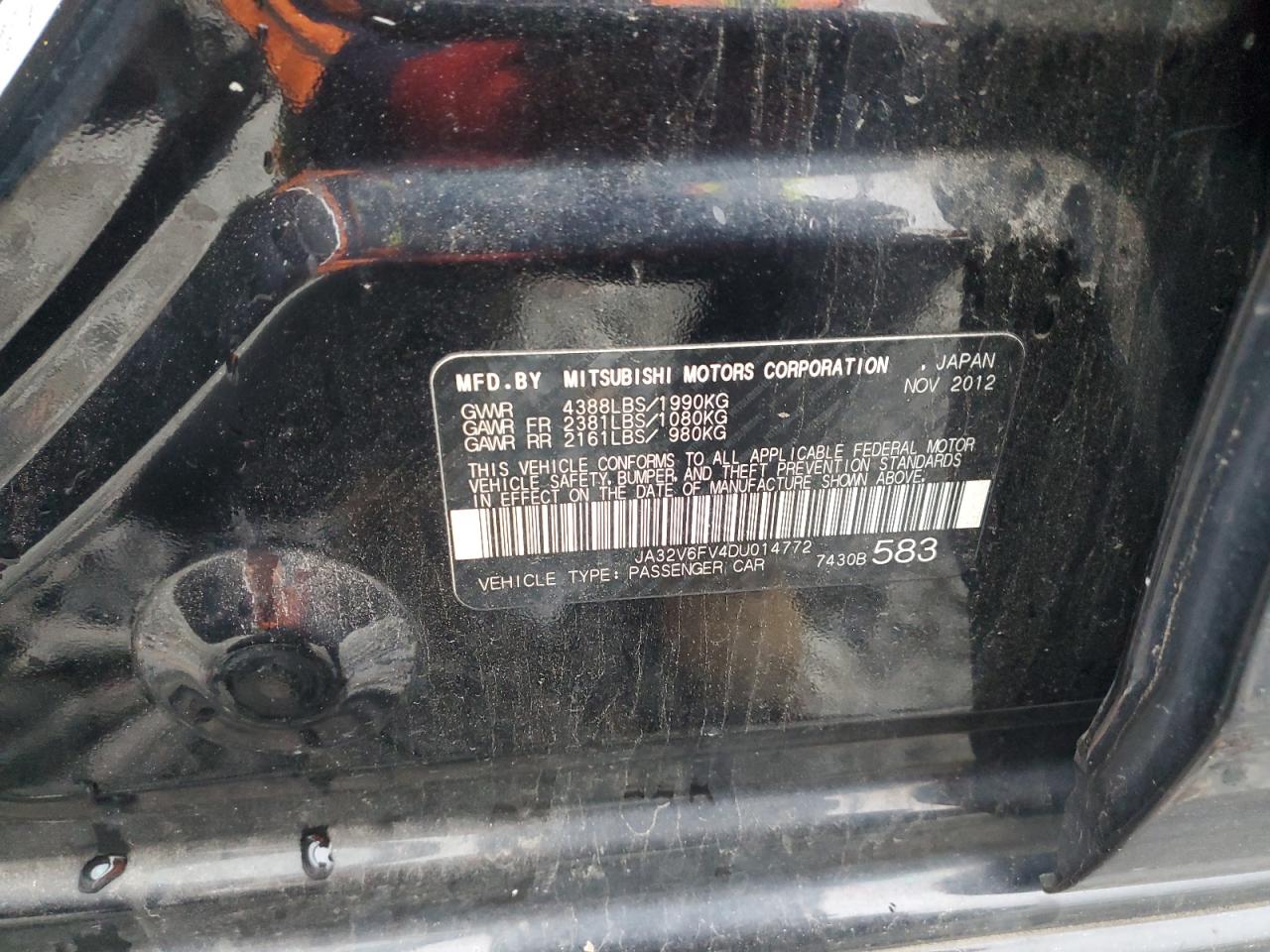 2013 Mitsubishi Lancer Ralliart VIN: JA32V6FV4DU014772 Lot: 92217775