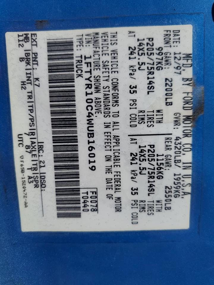 1998 Ford Ranger VIN: 1FTYR10C4WUB16019 Lot: 91105765