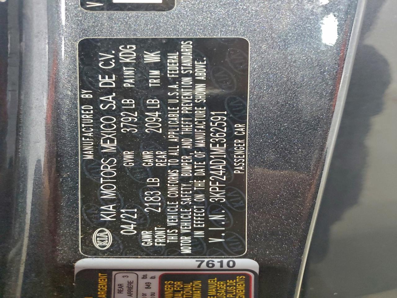 2021 Kia Forte Fe VIN: 3KPF24AD1ME362591 Lot: 92809035