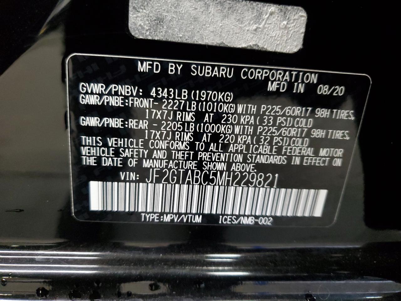 2021 Subaru Crosstrek VIN: JF2GTABC5MH229821 Lot: 93326425