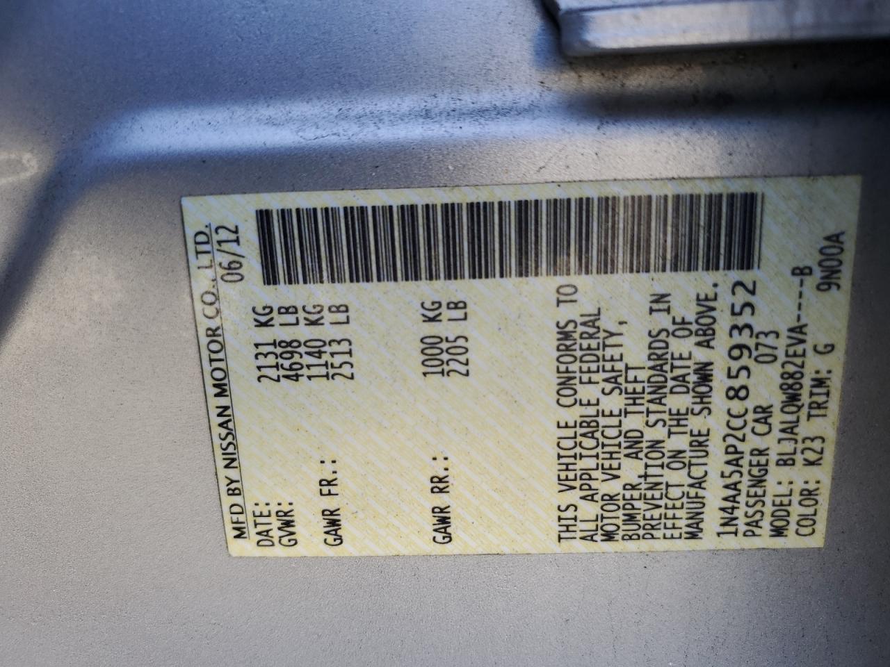 2012 Nissan Maxima S VIN: 1N4AA5AP2CC859352 Lot: 91982805