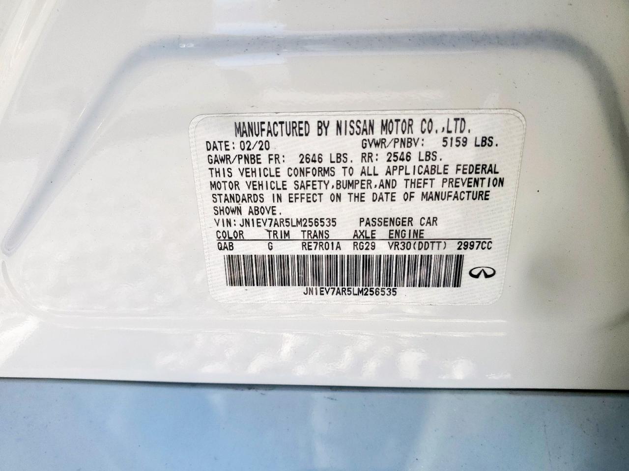 2020 Infiniti Q50 Pure VIN: JN1EV7AR5LM256535 Lot: 92192545