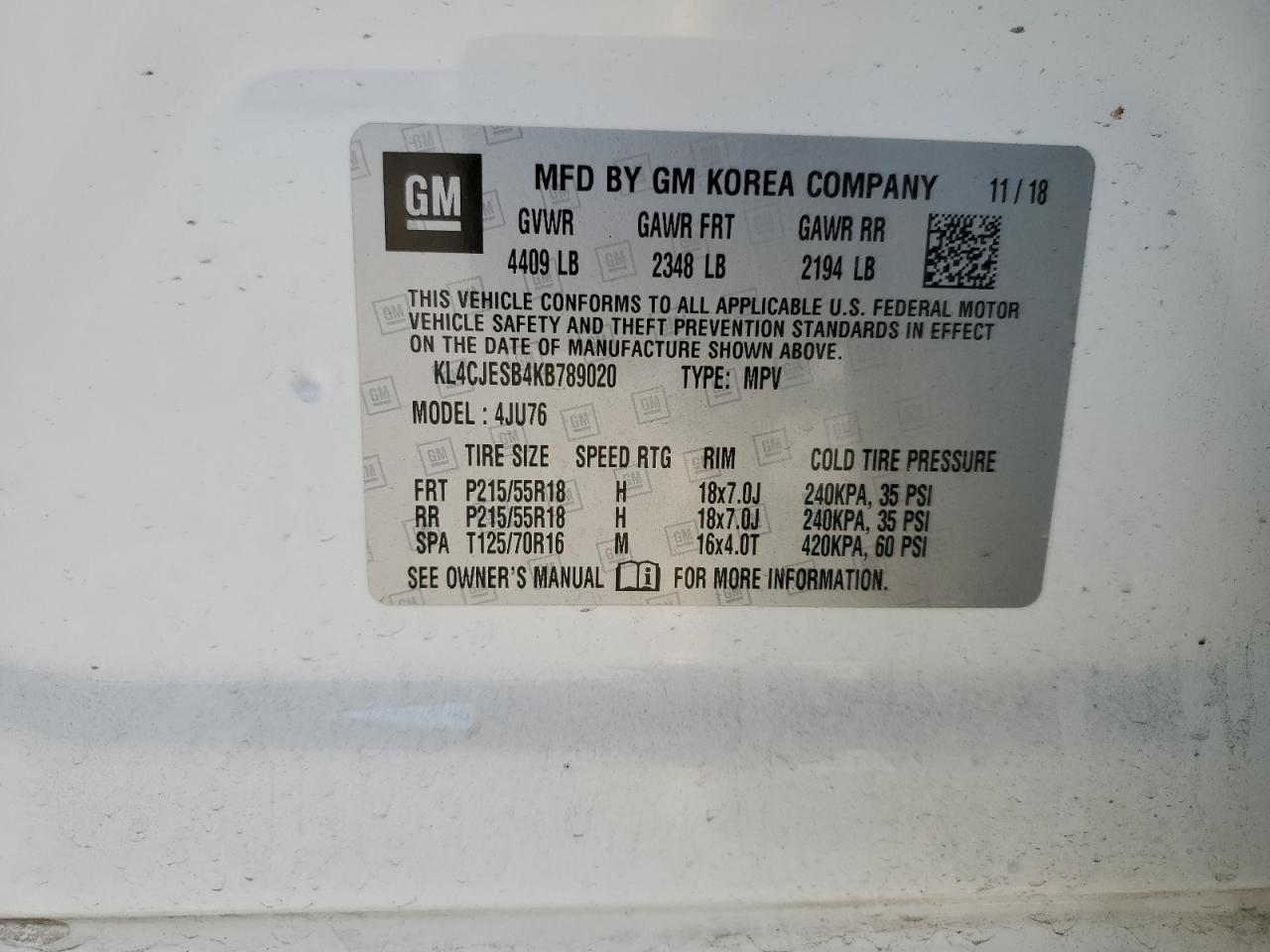 2019 Buick Encore Preferred VIN: KL4CJESB4KB789020 Lot: 91787435