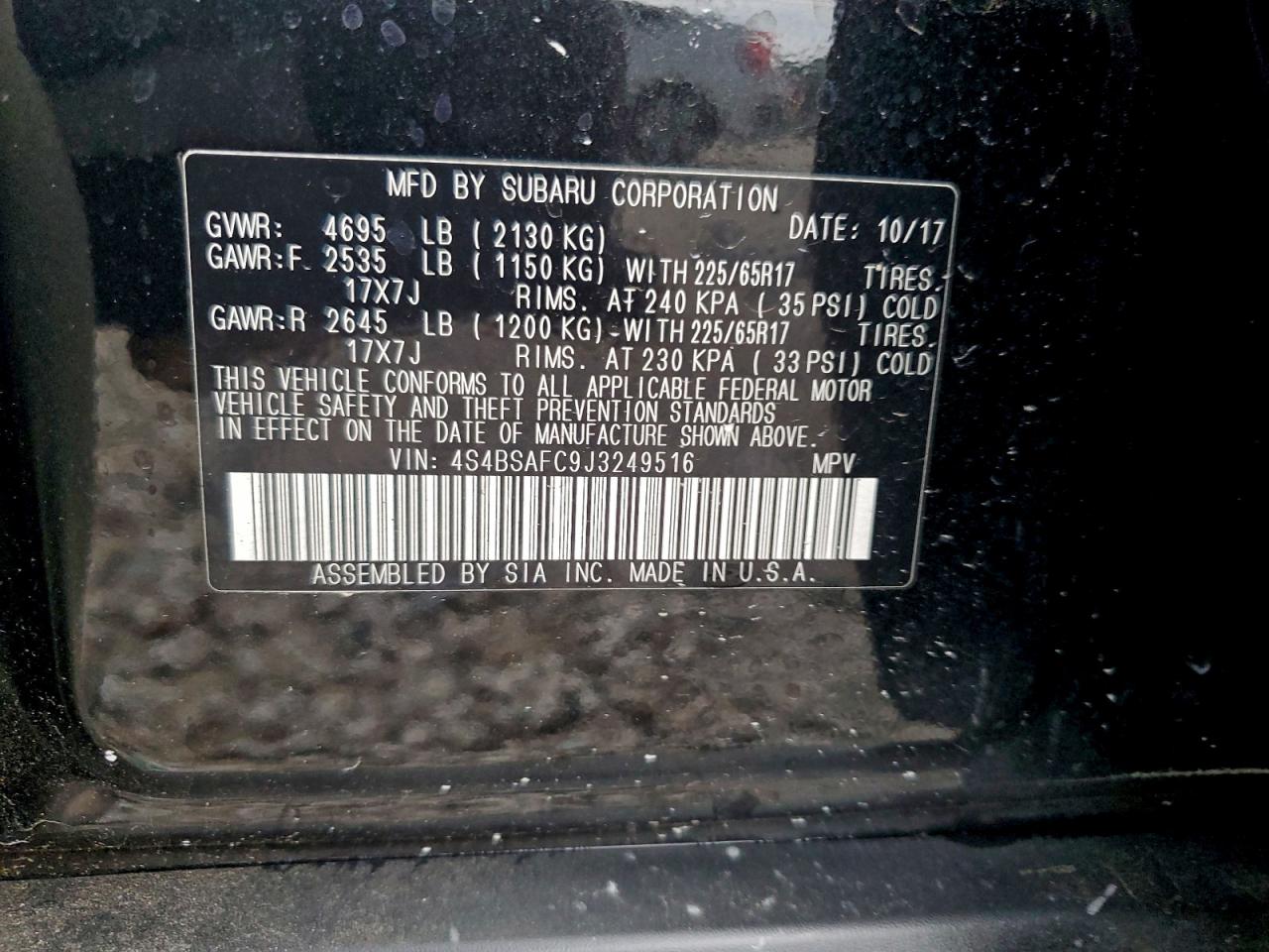 2018 Subaru Outback 2.5I Premium VIN: 4S4BSAFC9J3249516 Lot: 93731985