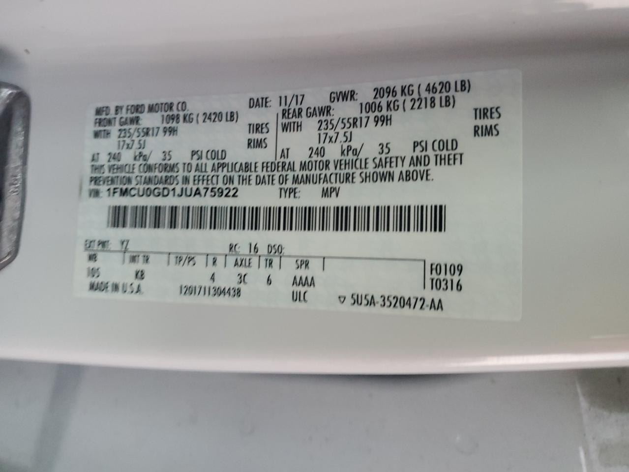 2018 Ford Escape Se VIN: 1FMCU0GD1JUA75922 Lot: 92697505