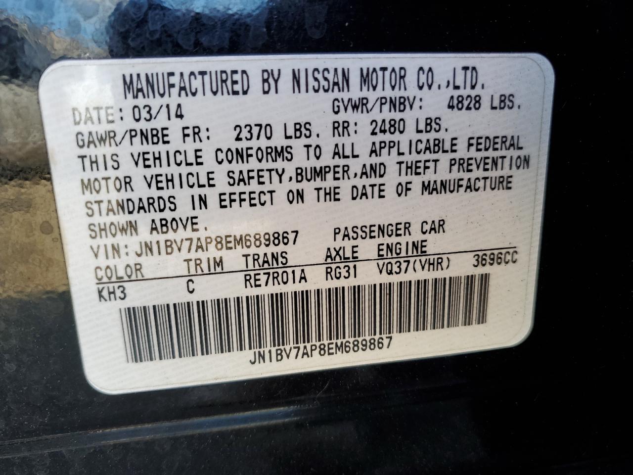 2014 Infiniti Q50 Base VIN: JN1BV7AP8EM689867 Lot: 91054625