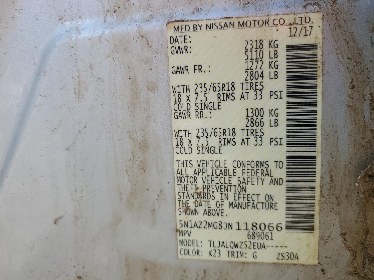 2018 Nissan Murano S VIN: 5N1AZ2MG8JN118066 Lot: 91861035