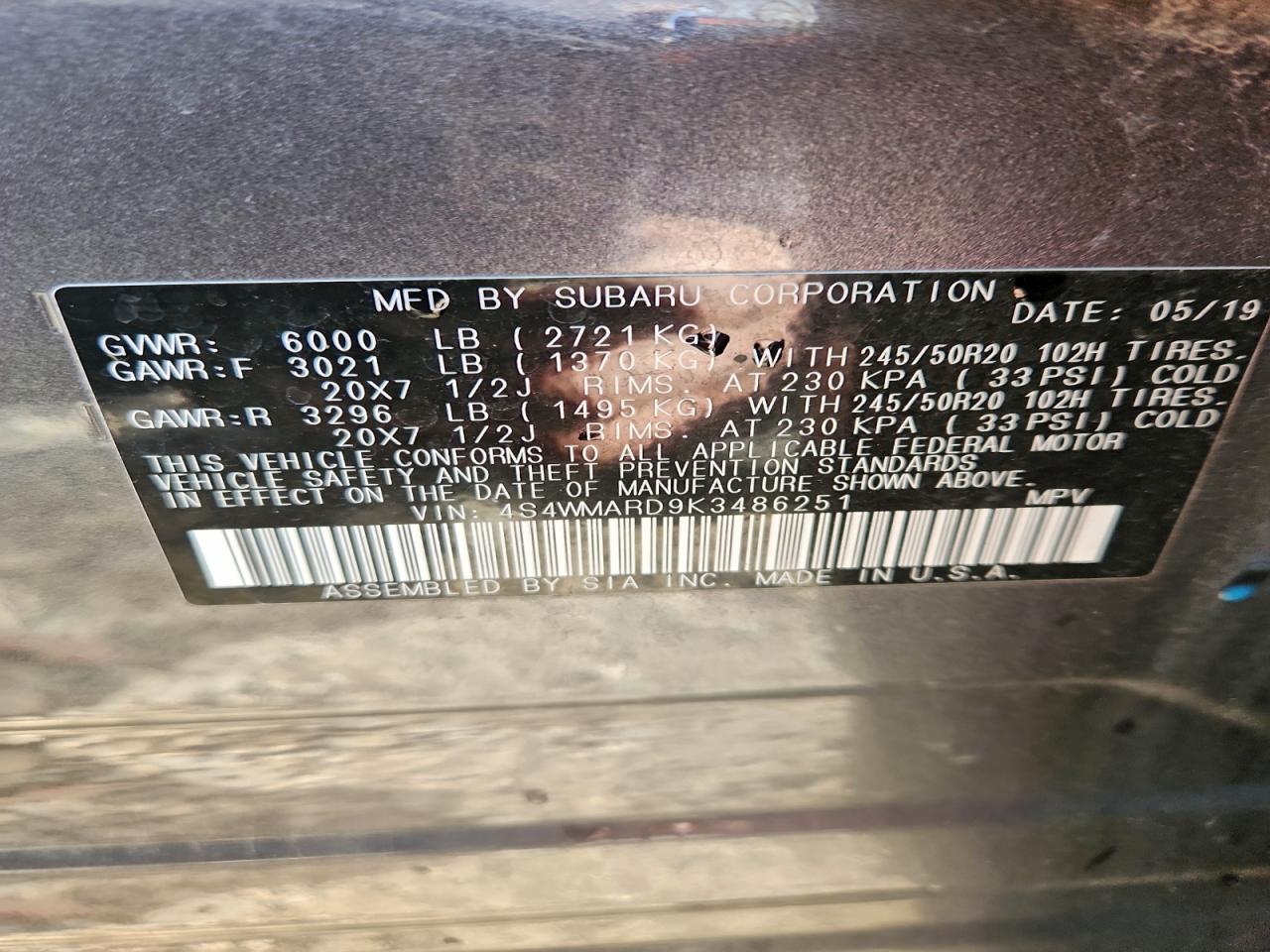 2019 Subaru Ascent Touring VIN: 4S4WMARD9K3486251 Lot: 94707645