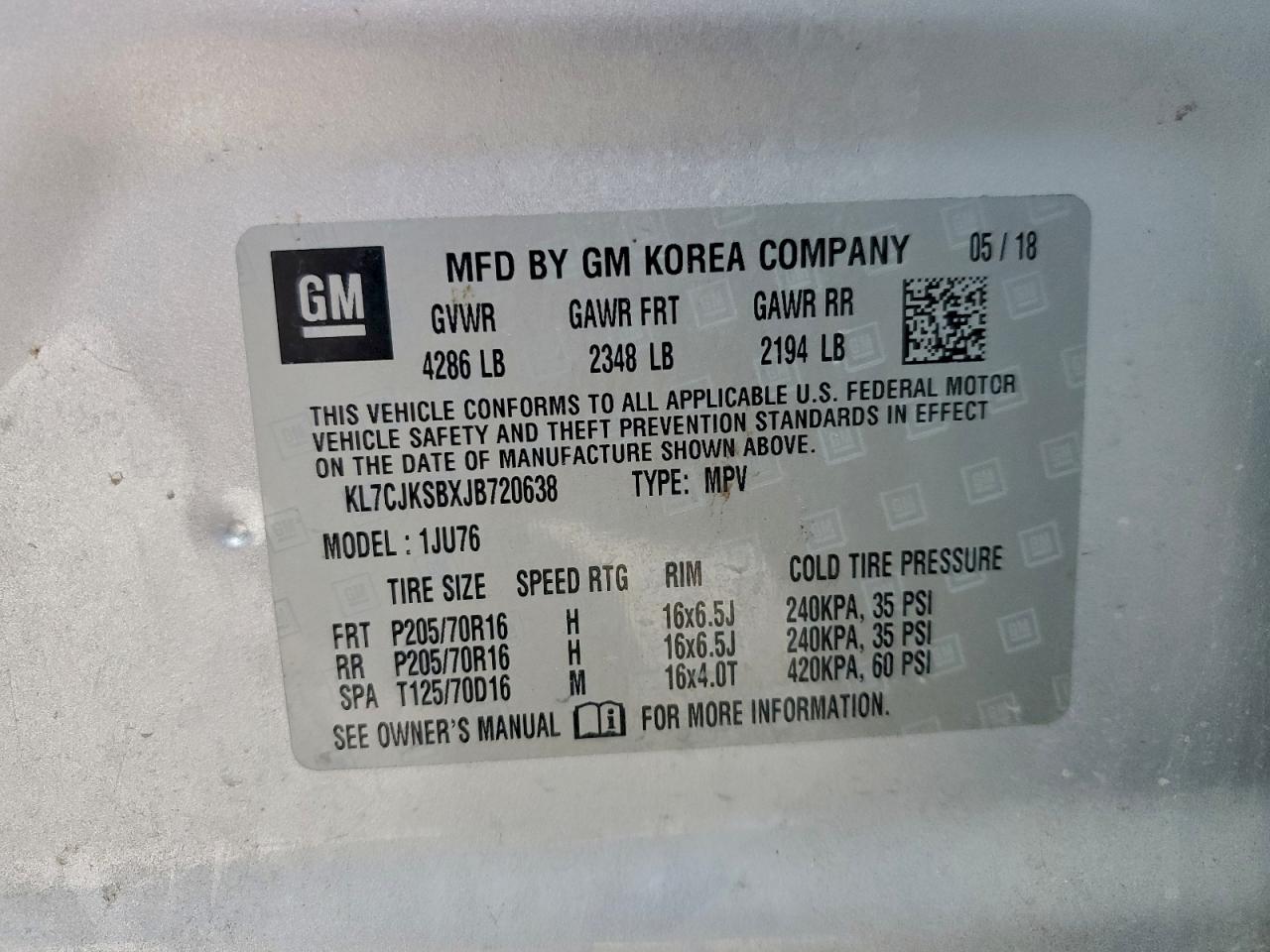 2018 Chevrolet Trax Ls VIN: KL7CJKSBXJB720638 Lot: 93760575