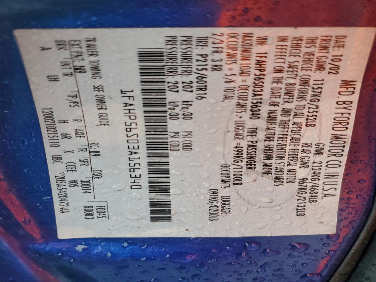 2003 Ford Taurus Sel VIN: 1FAHP56S03A156340 Lot: 94316215