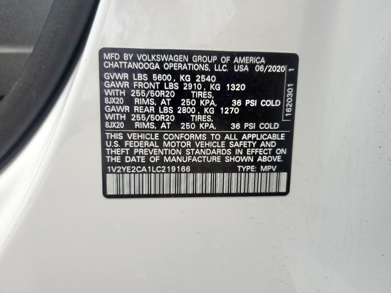 2020 Volkswagen Atlas Cross Sport Se VIN: 1V2YE2CA1LC219166 Lot: 92068595