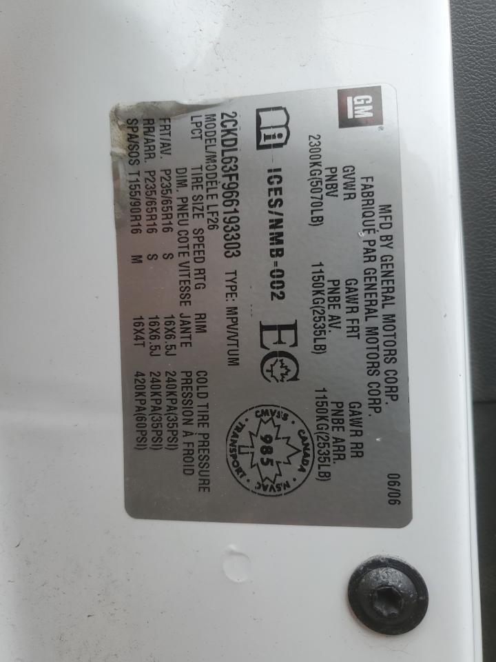 2006 Pontiac Torrent VIN: 2CKDL63F966193303 Lot: 91368555