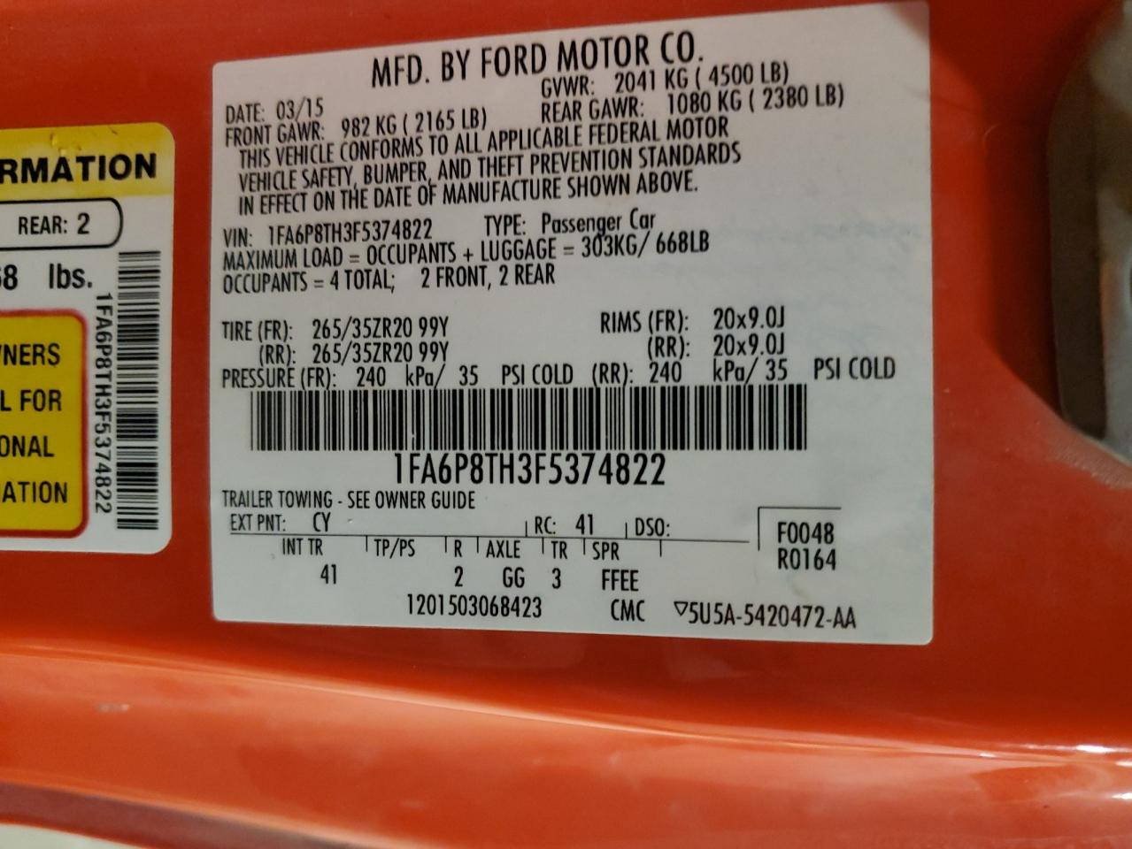 2015 Ford Mustang VIN: 1FA6P8TH3F5374822 Lot: 93564185