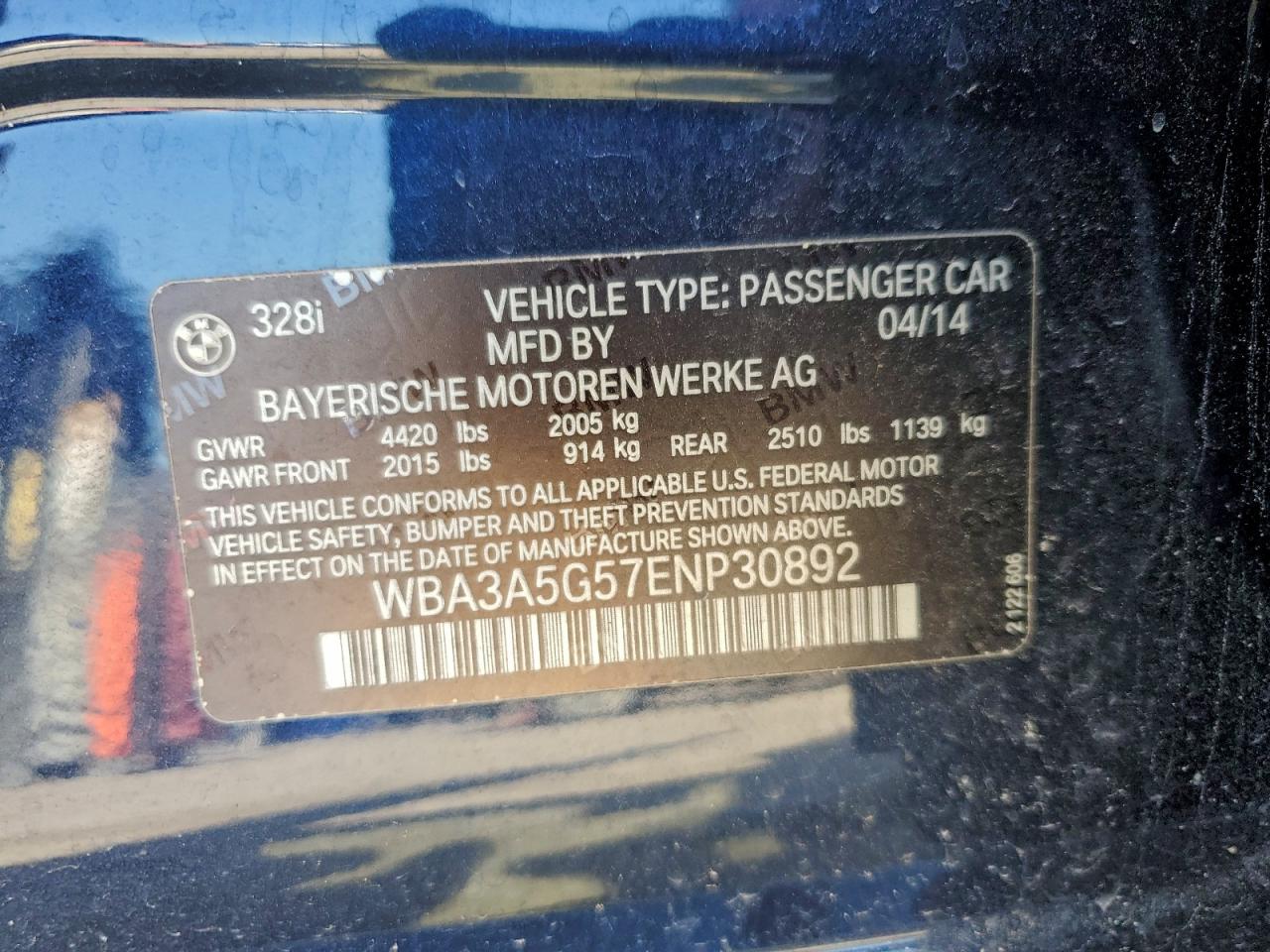 2014 BMW 328 I VIN: WBA3A5G57ENP30892 Lot: 94332165