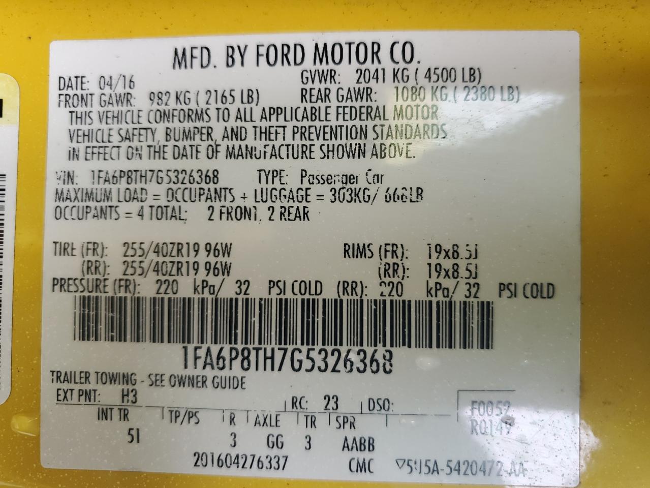 2016 Ford Mustang VIN: 1FA6P8TH7G5326368 Lot: 92371725