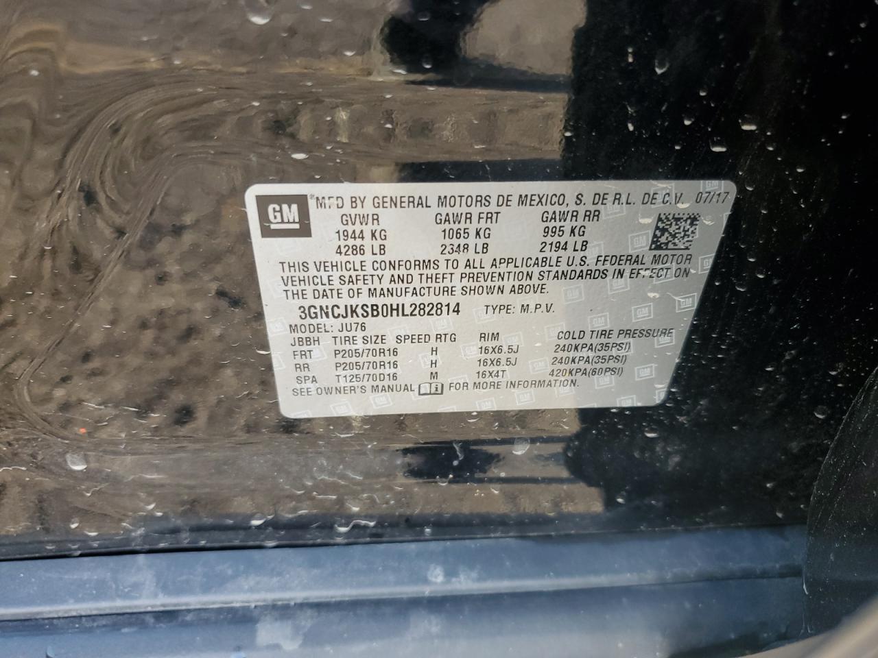 2017 Chevrolet Trax Ls VIN: 3GNCJKSB0HL282814 Lot: 93314585