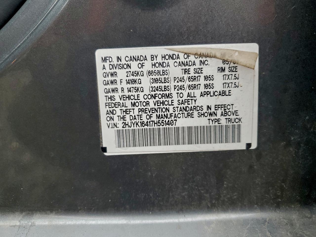 2007 Honda Ridgeline Rts VIN: 2HJYK16417H551407 Lot: 93490285