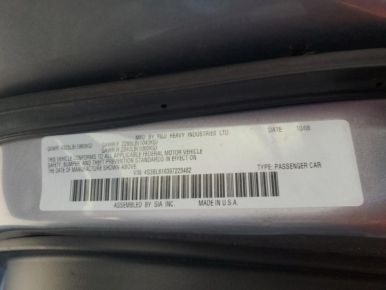 2009 Subaru Legacy 2.5I VIN: 4S3BL616397223482 Lot: 85429355