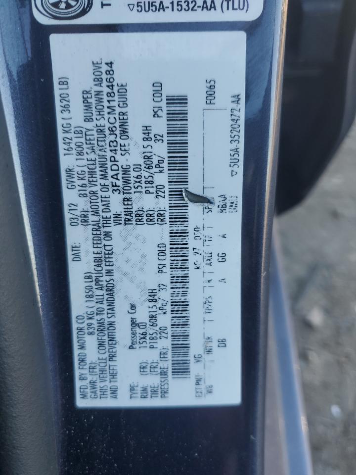 2012 Ford Fiesta Se VIN: 3FADP4BJ6CM184684 Lot: 92490455