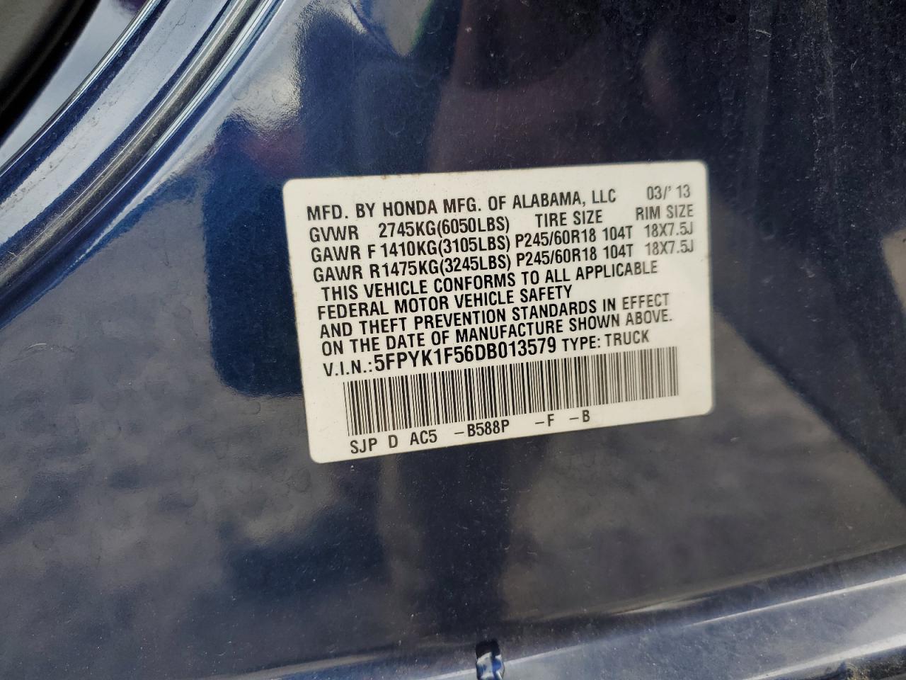2013 Honda Ridgeline Rtl VIN: 5FPYK1F56DB013579 Lot: 90900915