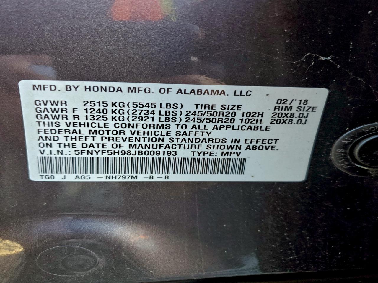 2018 Honda Pilot Touring VIN: 5FNYF5H98JB009193 Lot: 94774375