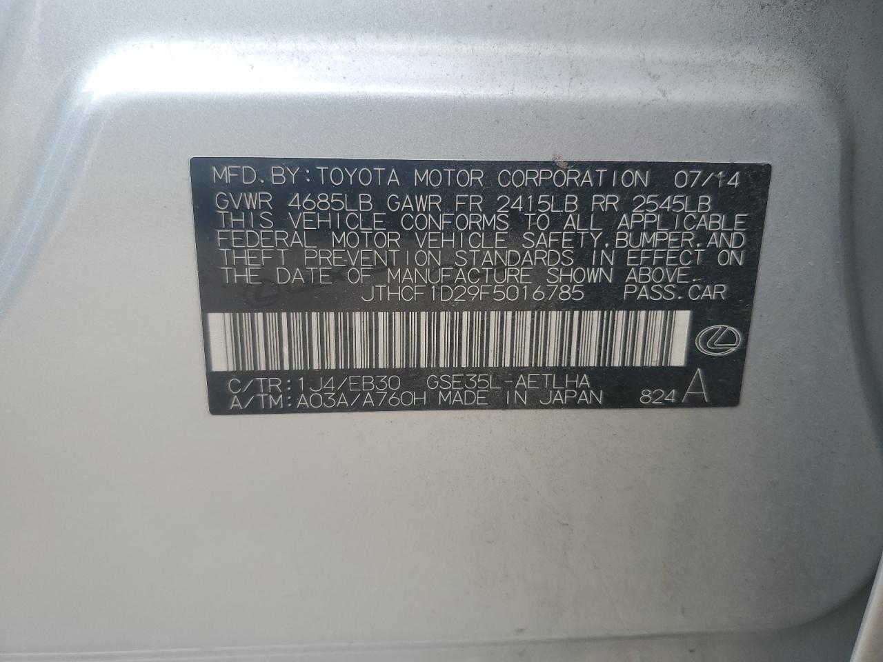 2015 Lexus Is 250 VIN: JTHCF1D29F5016785 Lot: 91294205