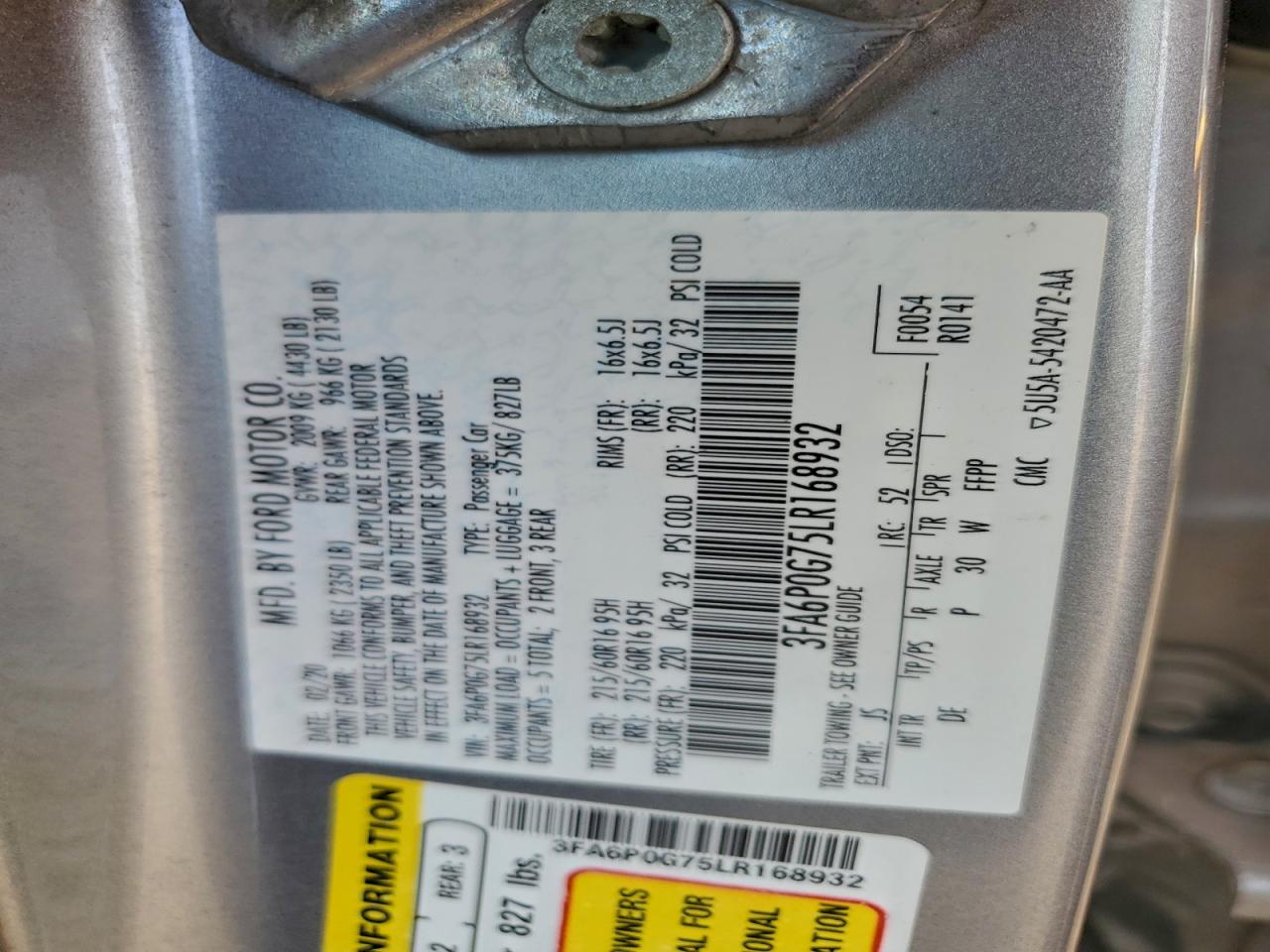 2020 Ford Fusion S VIN: 3FA6P0G75LR168932 Lot: 94168125